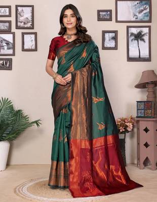 green silk blend banarasi saree with blouse  1