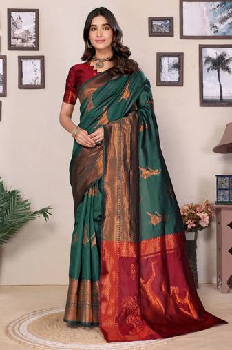 green soft art silk banarasi saree with blouse 