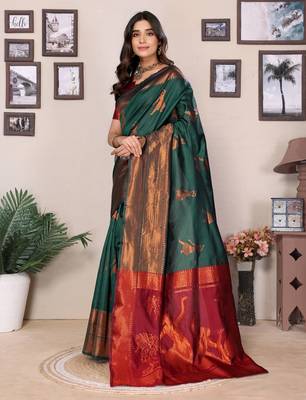green silk blend banarasi saree with blouse  2