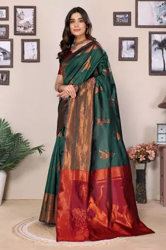 green silk blend banarasi saree with blouse 