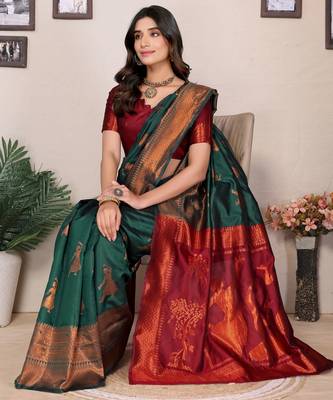 green silk blend banarasi saree with blouse  3