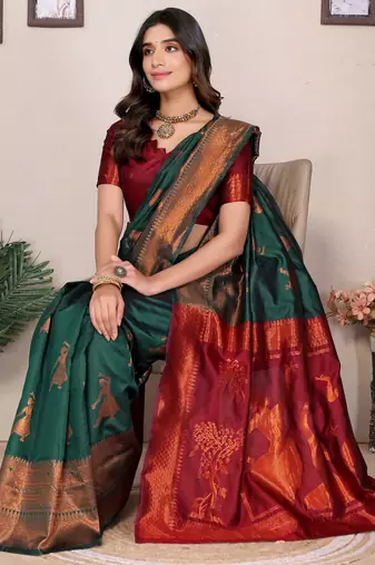green silk blend banarasi saree with blouse 