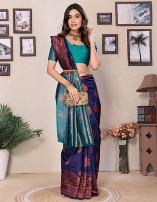 navy blue silk blend banarasi saree with blouse  1