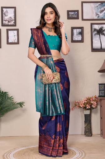 navy blue soft art silk banarasi saree with blouse 