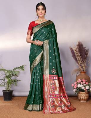green silk blend banarasi saree with blouse  1