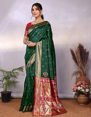 green silk blend banarasi saree with blouse  2
