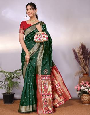 green silk blend banarasi saree with blouse  3