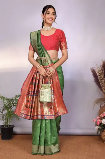 light green silk blend banarasi saree with blouse 