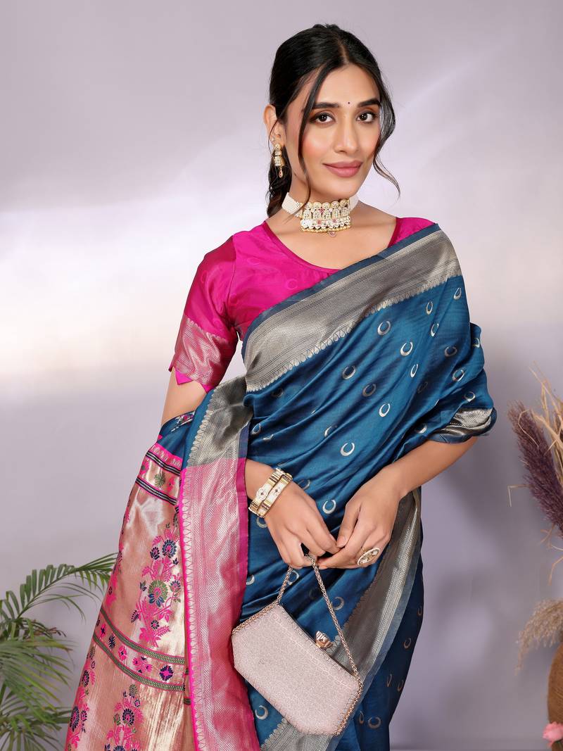 turquoise soft art silk banarasi saree with blouse 
