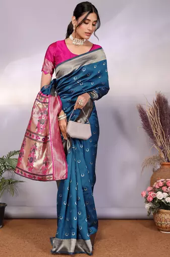 turquoise soft art silk banarasi saree with blouse 