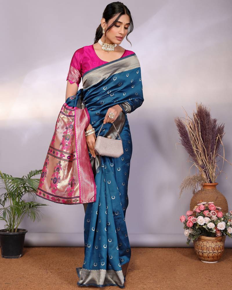 turquoise soft art silk banarasi saree with blouse 
