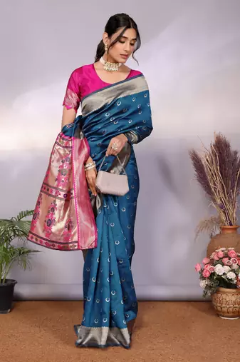 turquoise silk blend banarasi saree with blouse 