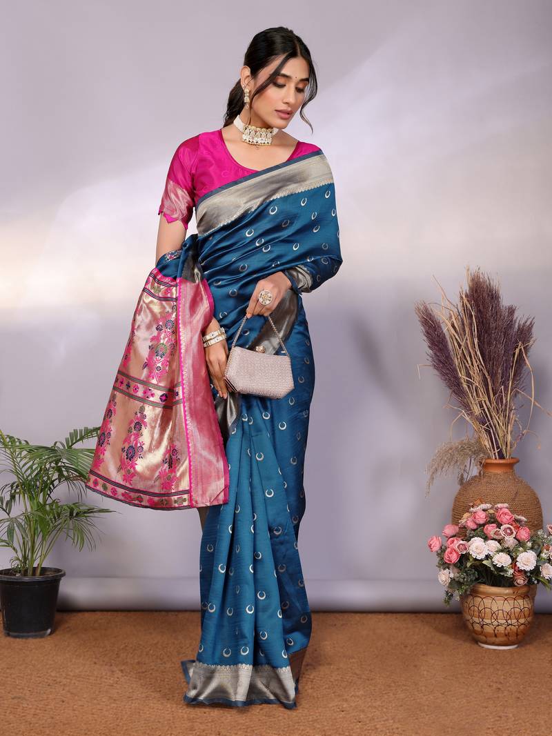 turquoise soft art silk blend banarasi saree with blouse 
