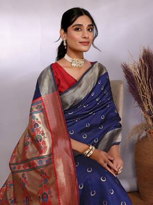 navy blue silk blend banarasi saree with blouse  2
