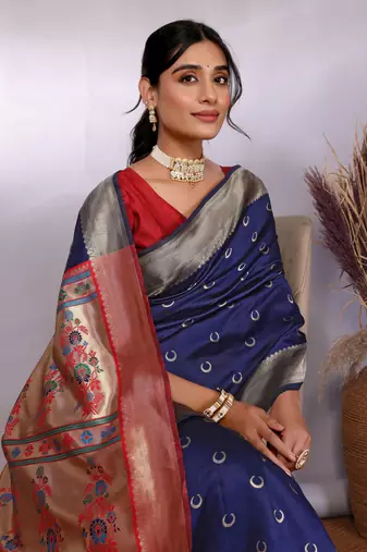 navy blue silk blend banarasi saree with blouse 