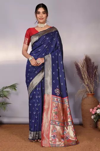 navy blue soft art silk banarasi saree with blouse 
