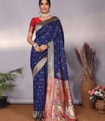 navy blue soft art silk banarasi saree with blouse 
