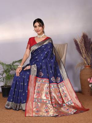 navy blue silk blend banarasi saree with blouse  3
