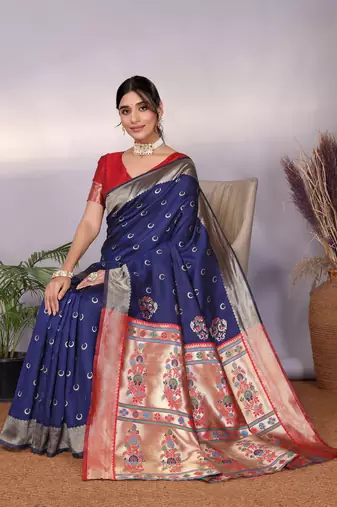 navy blue silk blend banarasi saree with blouse 
