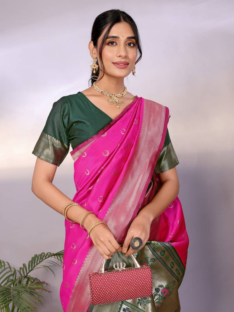 pink soft art silk blend banarasi saree with blouse 