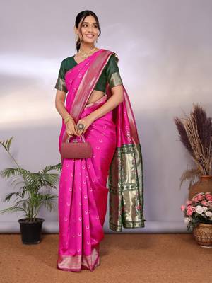 pink silk blend banarasi saree with blouse  1