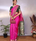 pink soft art silk blend banarasi saree with blouse 