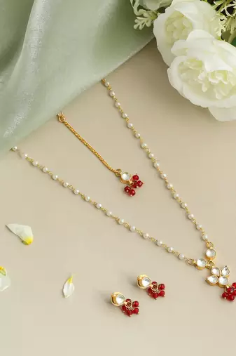Gold plated kundan maroon stones necklace set