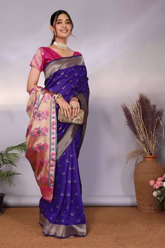purple silk blend banarasi saree with blouse 