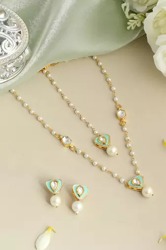 Gold plated kundan green stones necklace set
