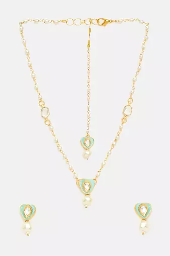 Gold plated kundan green stones necklace set