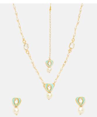 Gold plated kundan green stones necklace set 5