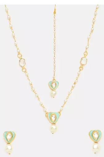 Gold plated kundan green stones necklace set