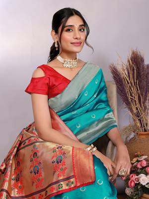 turquoise silk blend banarasi saree with blouse  2