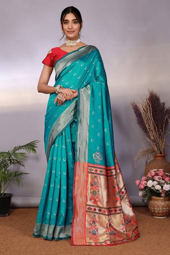 turquoise soft art silk banarasi saree with blouse 