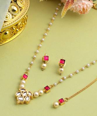 Gold plated kundan red stones necklace set 3