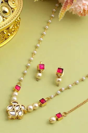 Gold plated kundan red stones necklace set