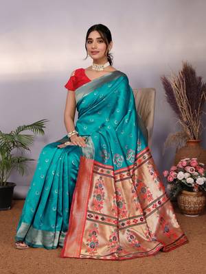 turquoise silk blend banarasi saree with blouse  3