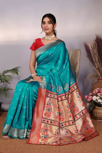 turquoise silk blend banarasi saree with blouse 