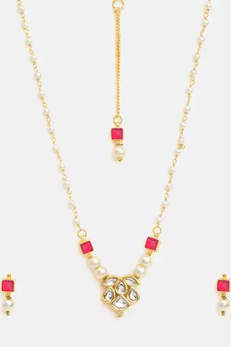 Gold plated kundan red stones necklace set