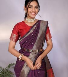 wine silk blend banarasi saree with blouse 
