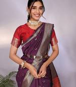 wine soft silk blend banarasi saree with blouse 