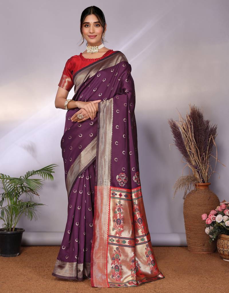 wine soft art silk banarasi saree with blouse 