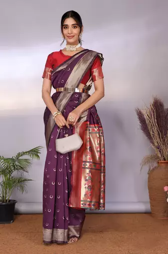 wine silk blend banarasi saree with blouse 