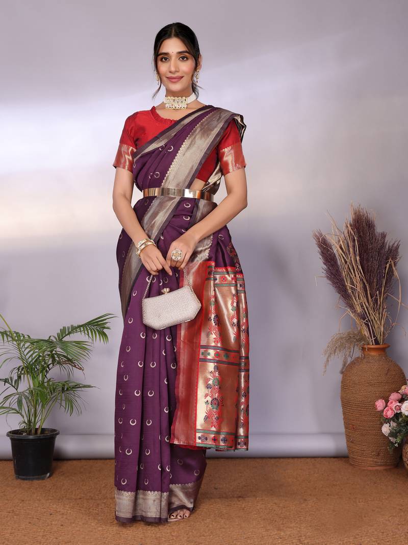 wine soft silk blend banarasi saree with blouse 