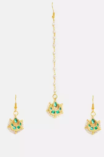 Gold plated kundan green stones maang tikka