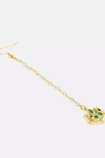 Gold plated kundan green stones maang tikka