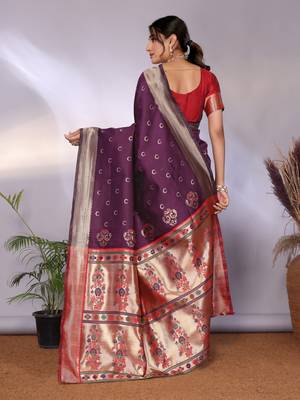 wine silk blend banarasi saree with blouse  3