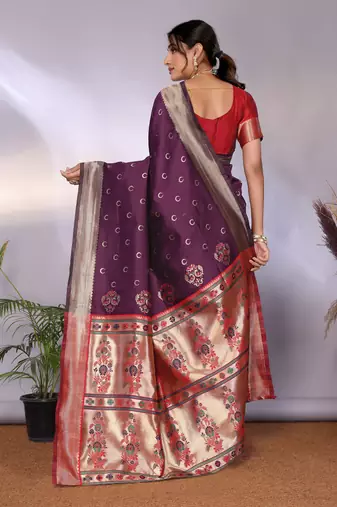 wine silk blend banarasi saree with blouse 