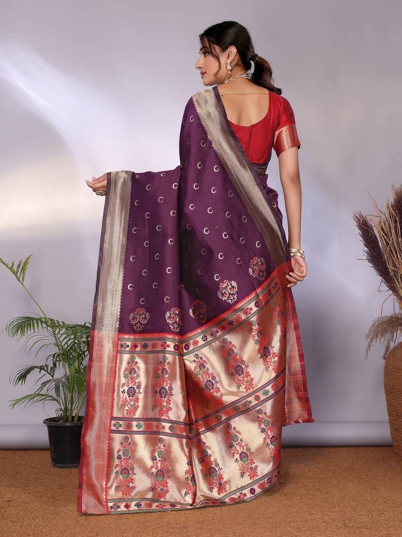 wine soft silk blend banarasi saree with blouse 