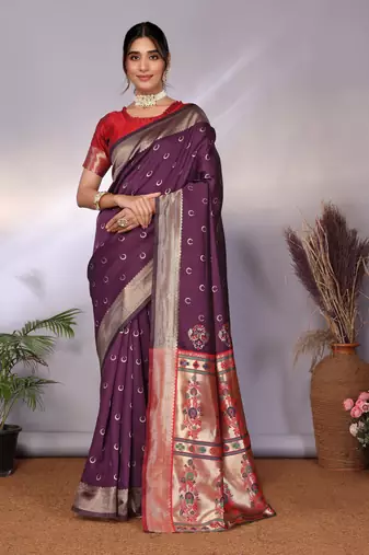 wine silk blend banarasi saree with blouse 